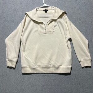 RAE MODE Cream Ribbed Collar Quarter Zip Sweatshirt Preppy Pullover Women M